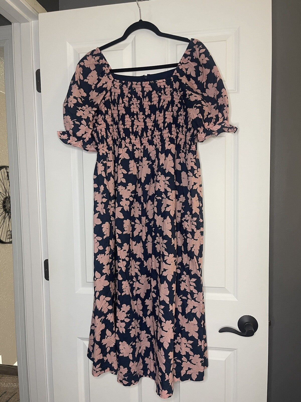 The Nines By Hatch Poofy Sleeve Dress Xl Navy With Pink Floral 