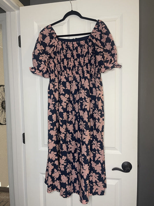 The Nines By Hatch Poofy Sleeve Dress Xl Navy With Pink Floral 