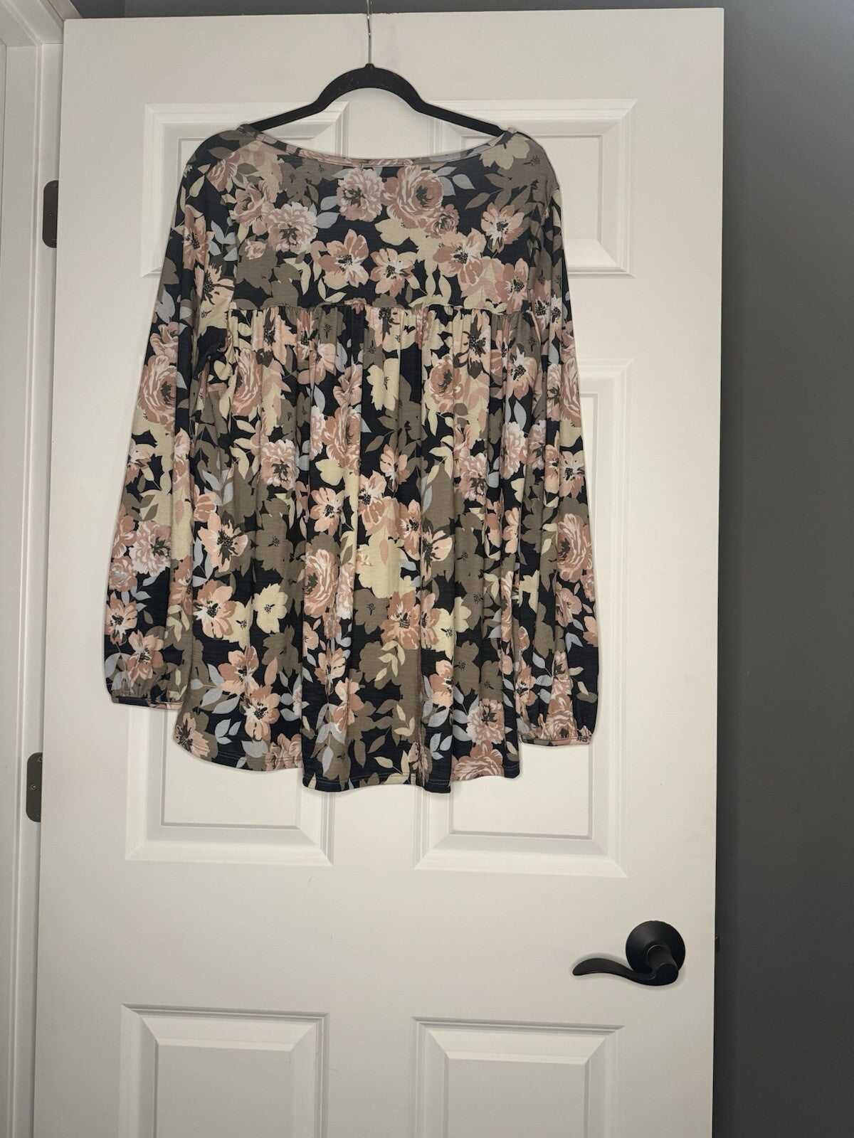 Bombom Long Sleeve Blouse Large Blue Taupe Mauve Beige Floral Print 