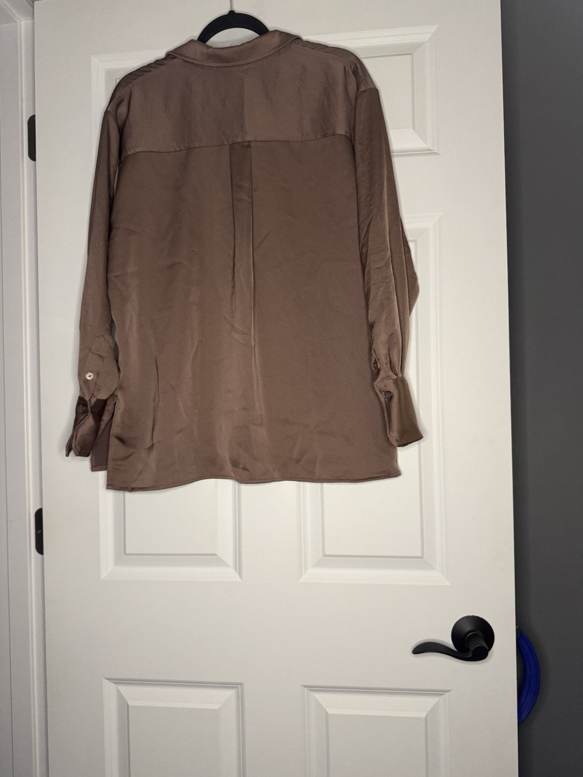 A New Day Large Button Up Blouse Large Shiny Taupe Material Slits In Sides