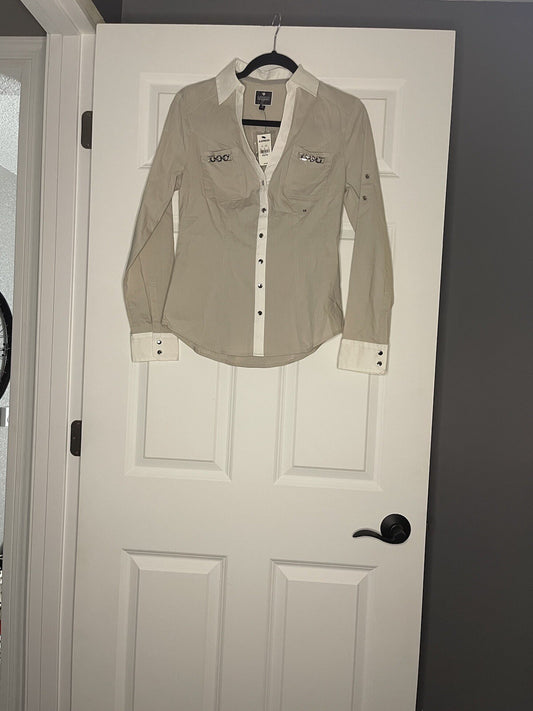 Express The Essential Shirt Button Up XS Beige White Trim Silver Decor Nwt 