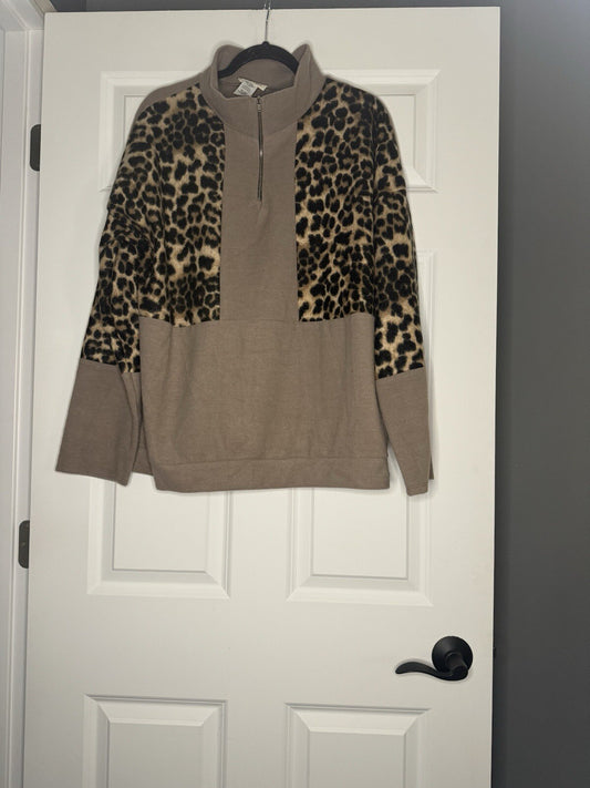 Bibi Half Zip Sweater Xl Brown W Brown Black Animal Print 