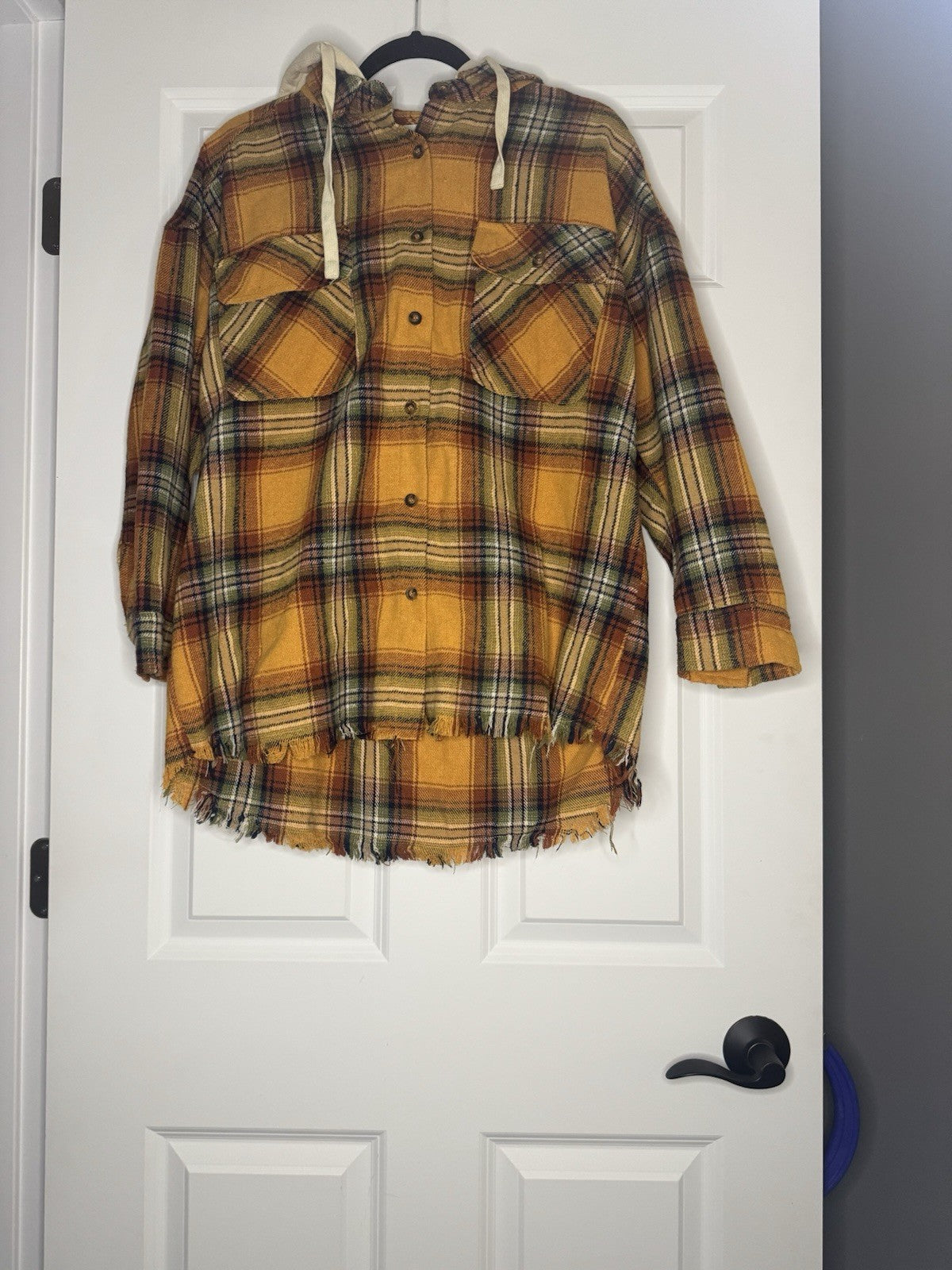 New In Shacket W Hood Small Mustard Green Black Cream Distressed Fray Edges 