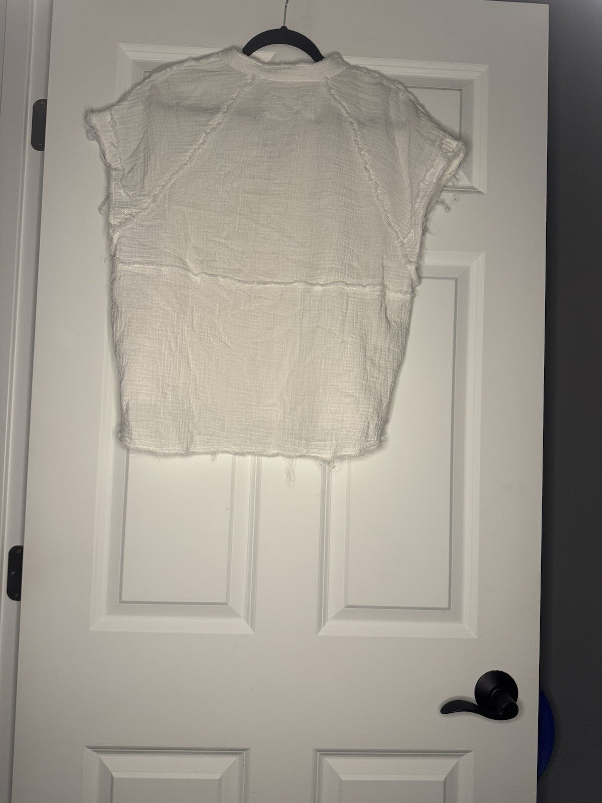 Free People Short Sleeve Button Up Large Frayed Edges White