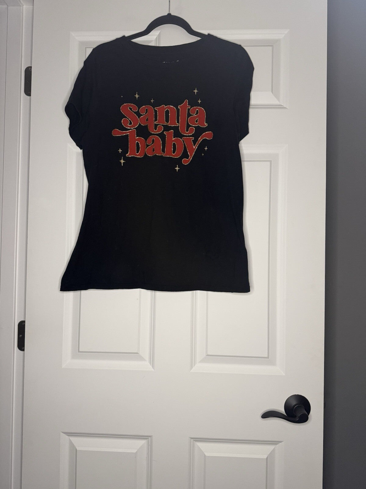 Hrt And Luv Short Sleeve Top Large Santa Baby Black W Gold And Red 