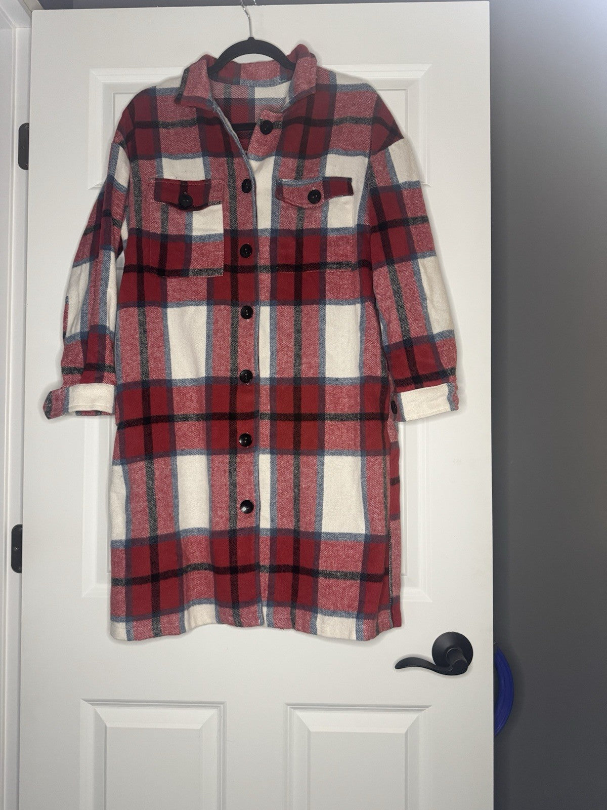 Unbranded Long Shacket Small Red Blue Cream Plaid 