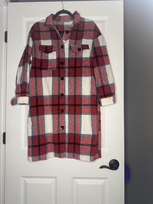 Unbranded Long Shacket Small Red Blue Cream Plaid 