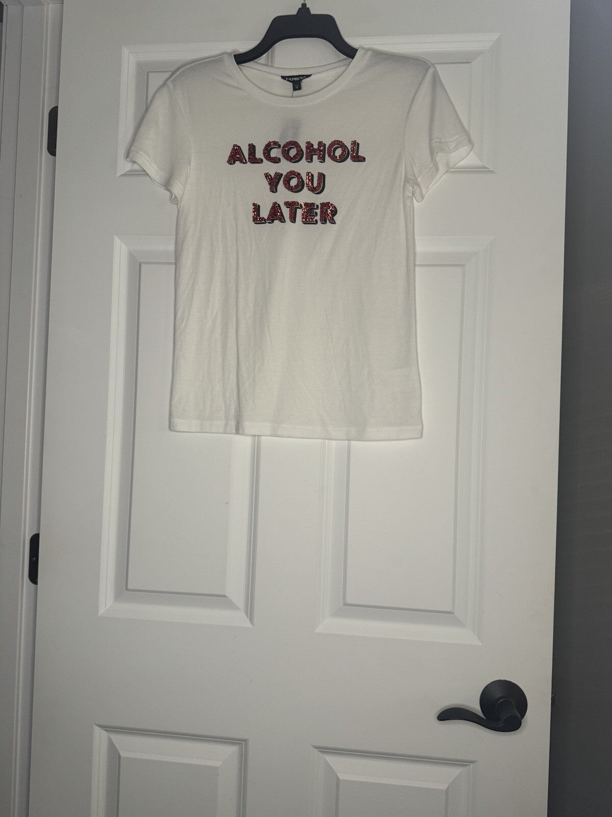 Express Alcohol You Later White W Red Sequins Top XS Nwt 