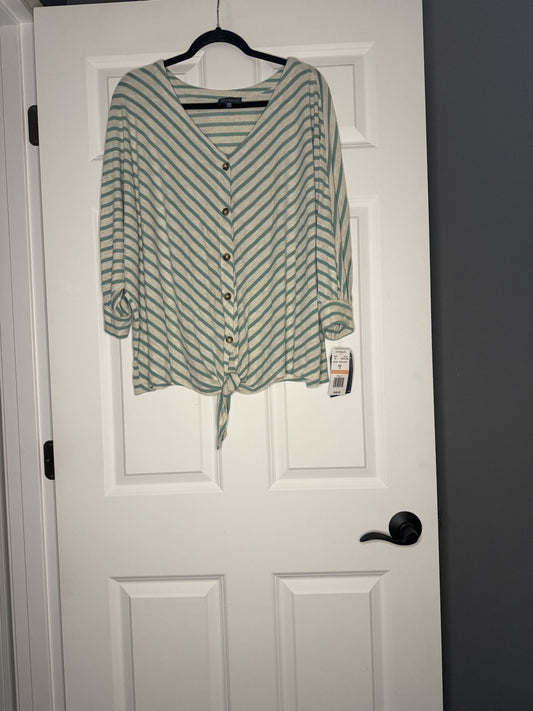 Democracy Short Sleeve Blouse 2x Twist Tie Front Beige Green Stripe Nwt 