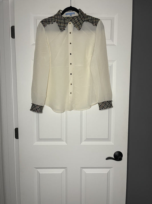 Antonio Melani button up blouse medium ivory w multicolor knit color and shoulde