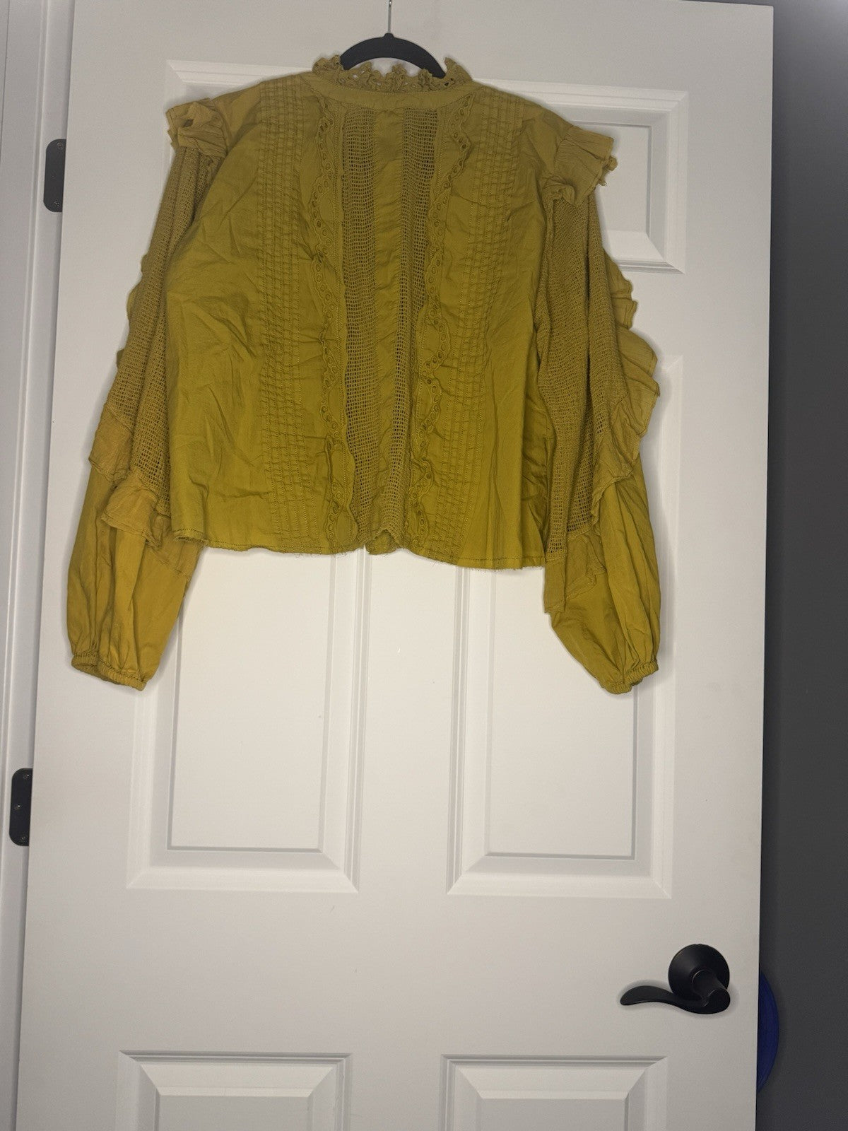 Free People Button Up Blouse Greenish Yellow Large Crochet And Mesh Sleeves Back