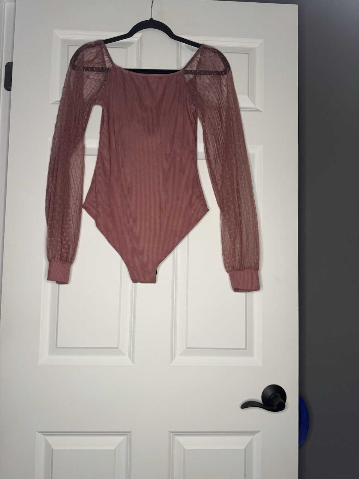Peach Love Long Sleeve Bodysuit Medium Mauve Ribbed W Mesh Polka Dot Sleeves