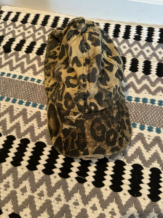 Cc Baseball Cap W Hair Cutouts Black Brown Animal Print 