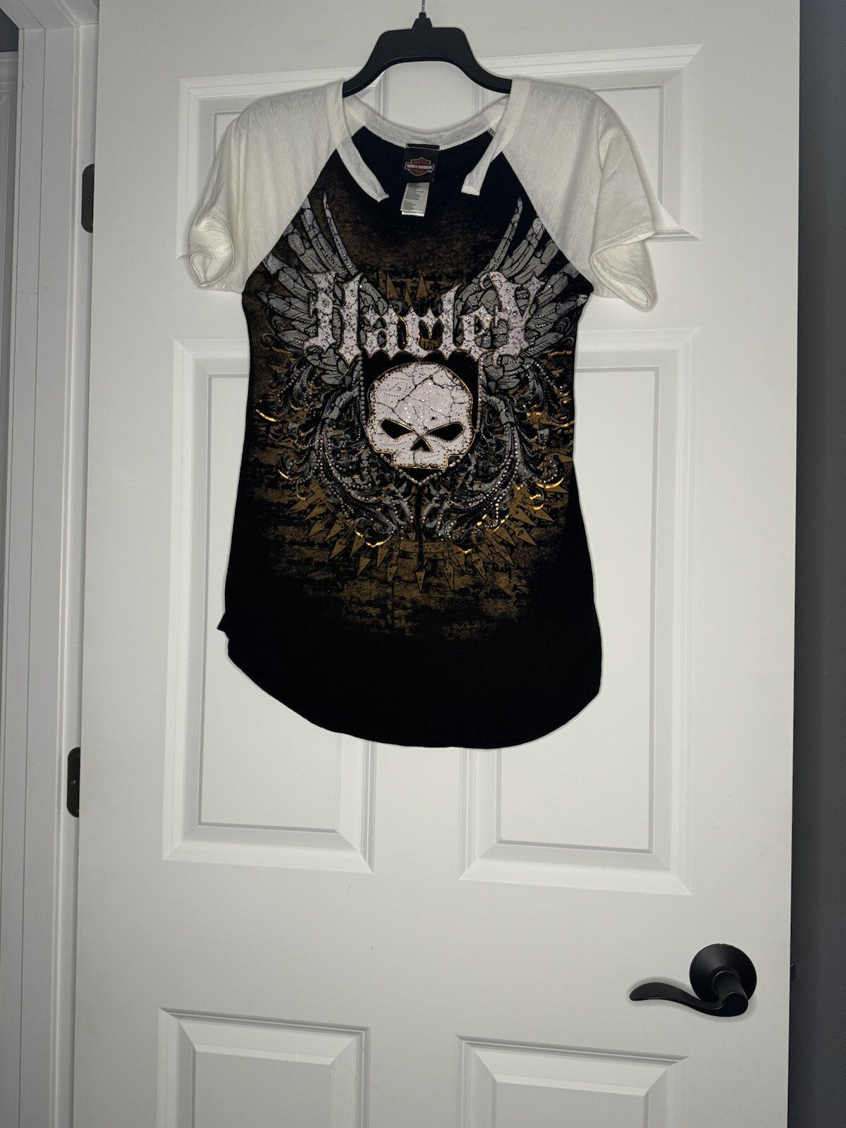 Harley Davidson T Shirt Small Black Body White Sleeves Multi Full Of Beading 