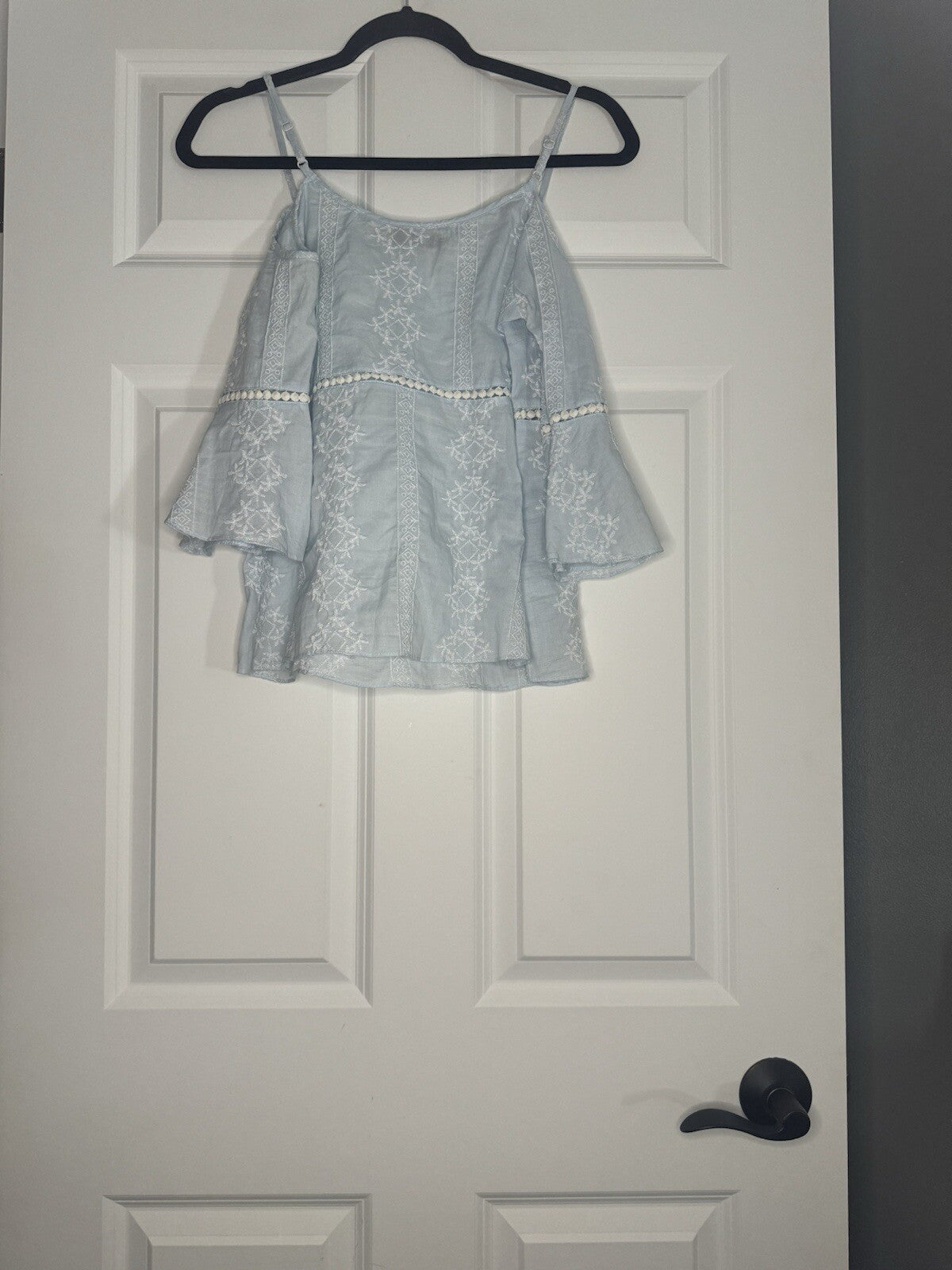 Do Be 3/4 Sleeve Blouse Small Cut Out Shoulders Light Blue Pom Decor Stitch Flor