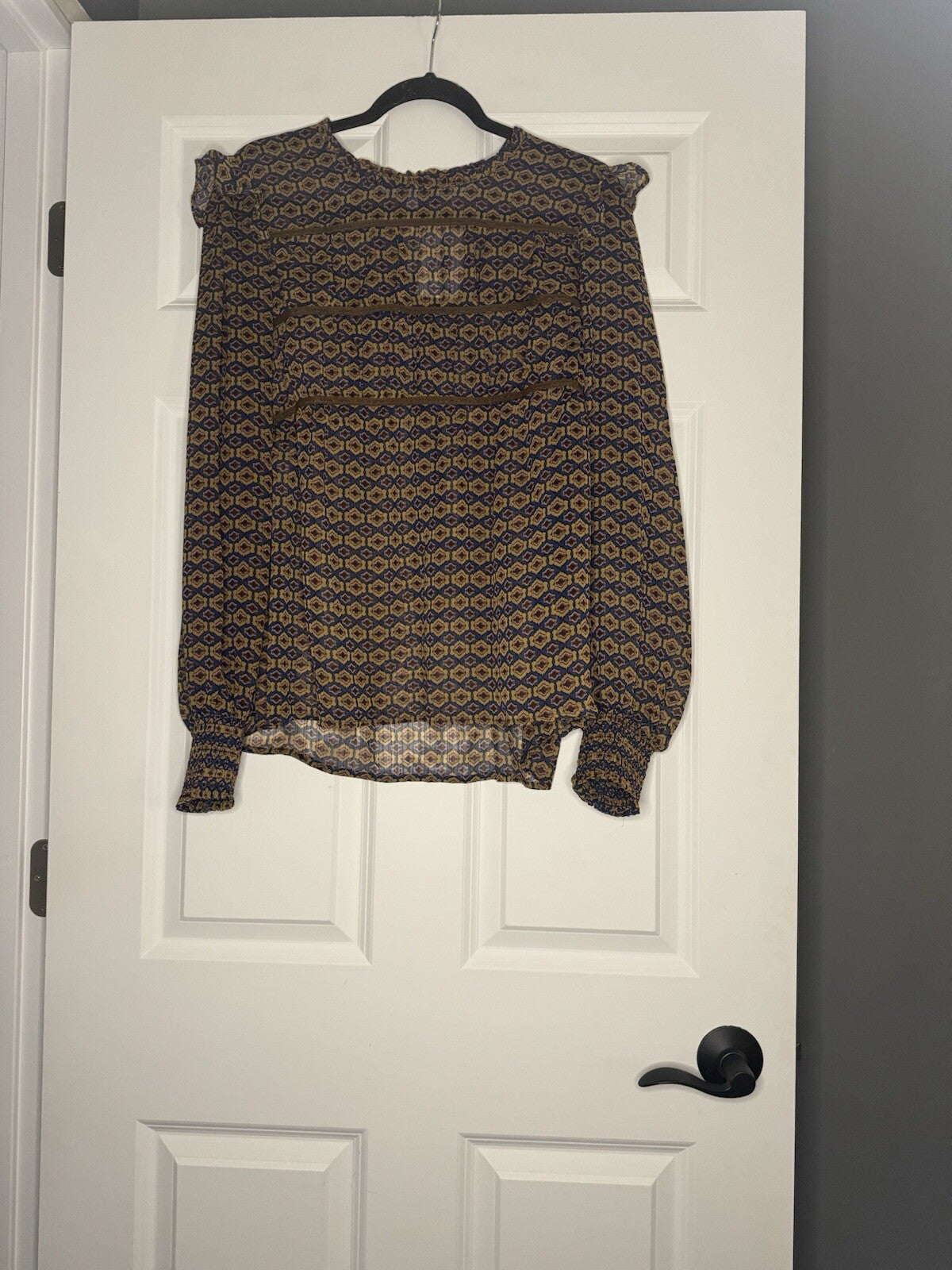 Mystree Long Sleeve Blouse Large Blue Brown Lavender Print Sheer Nwt 46