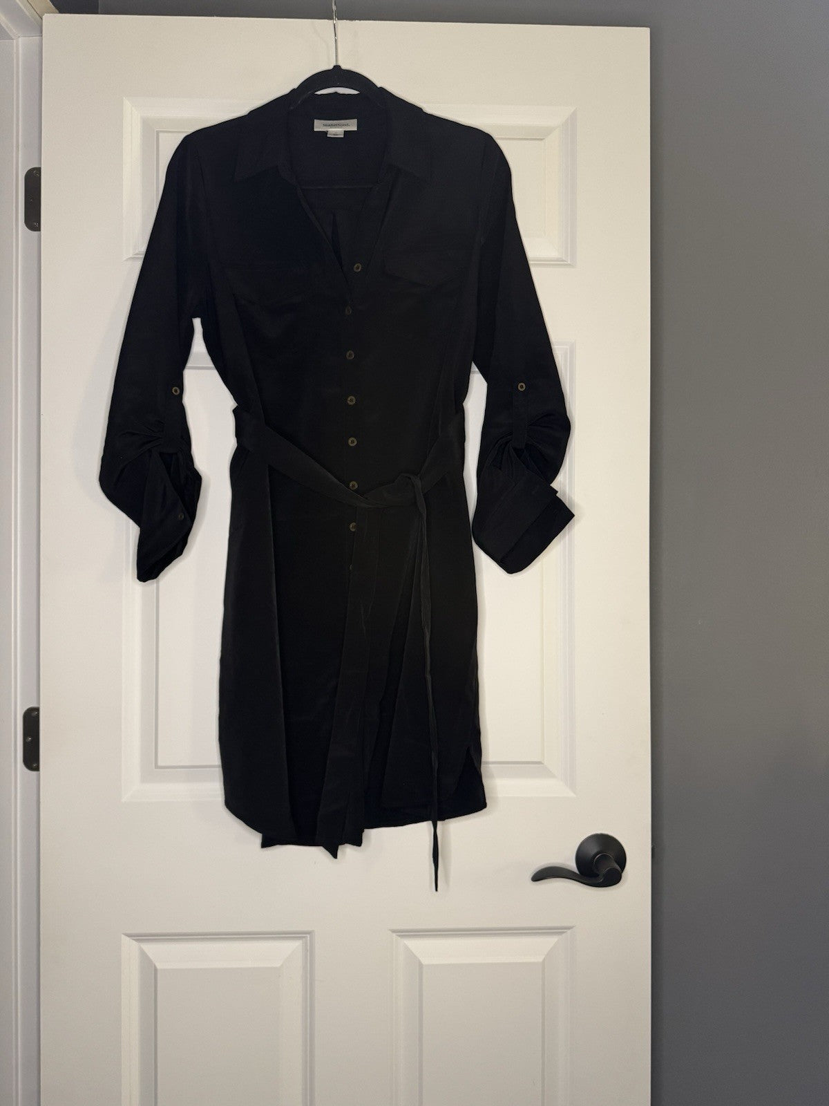 Motherhood Maternity Dress 3/4 Or Long Sleeve W Belt Button Up Black Shimmery 