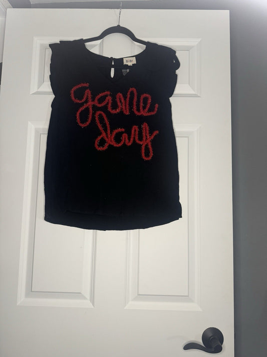 Bibi Game Day Small Ruffle Sleeve Blouse Black W Red Decor Lettering Nwt 