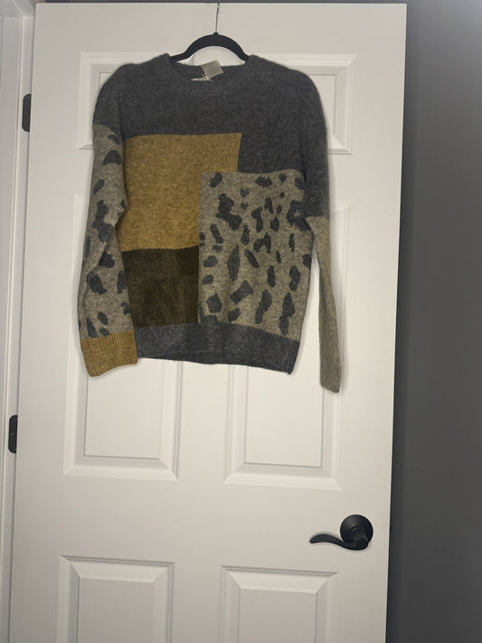 Mystree Sweater Mustard Gray Taupe Print Large Nwt