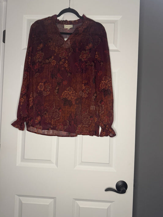 Cloth And Portrait Long Sleeve Sheer W Under Tank Large Plum Gold Multi Flor Nwt