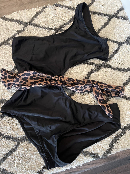Pink Lily One Piece Swimsuit Large Black W Brown Animal Print Wrap Tie 