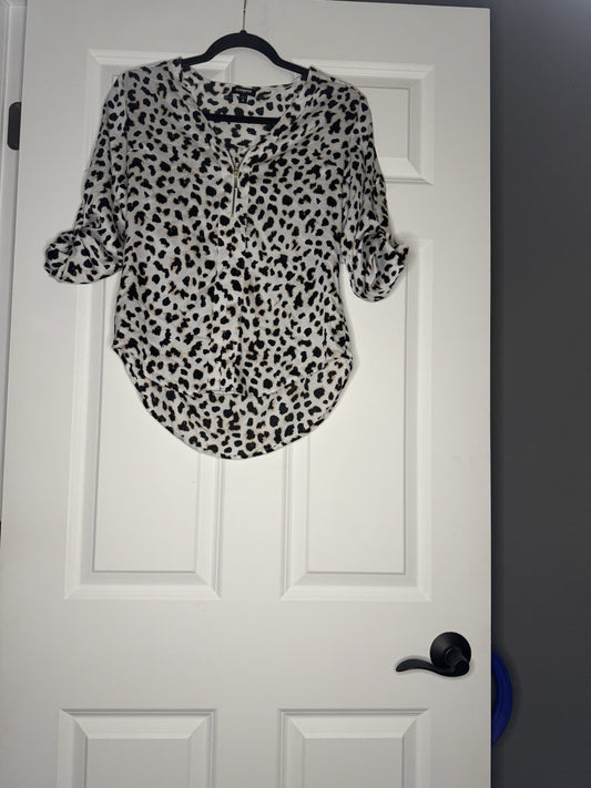 Express Blouse Can Be 3/4 Or Long XS White W Black Brown Animal Print