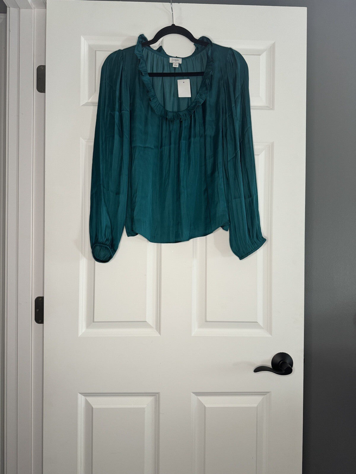 J Crew Long Sleeve Top Green Large Ruffle Around Collar Nwt $79.50 