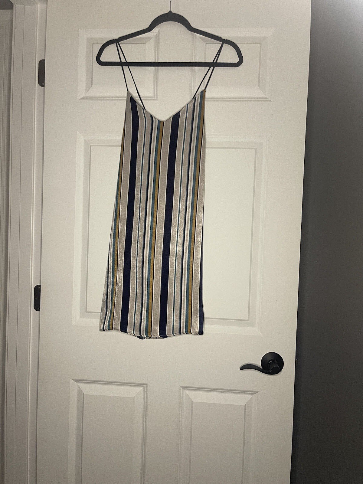 Le Lis Sleeveless Dress Medium Taupe Green Navy Stripe Nwt 