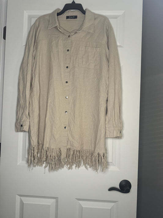 Blue B Button Up Top W Fringe Bottom Beige Large