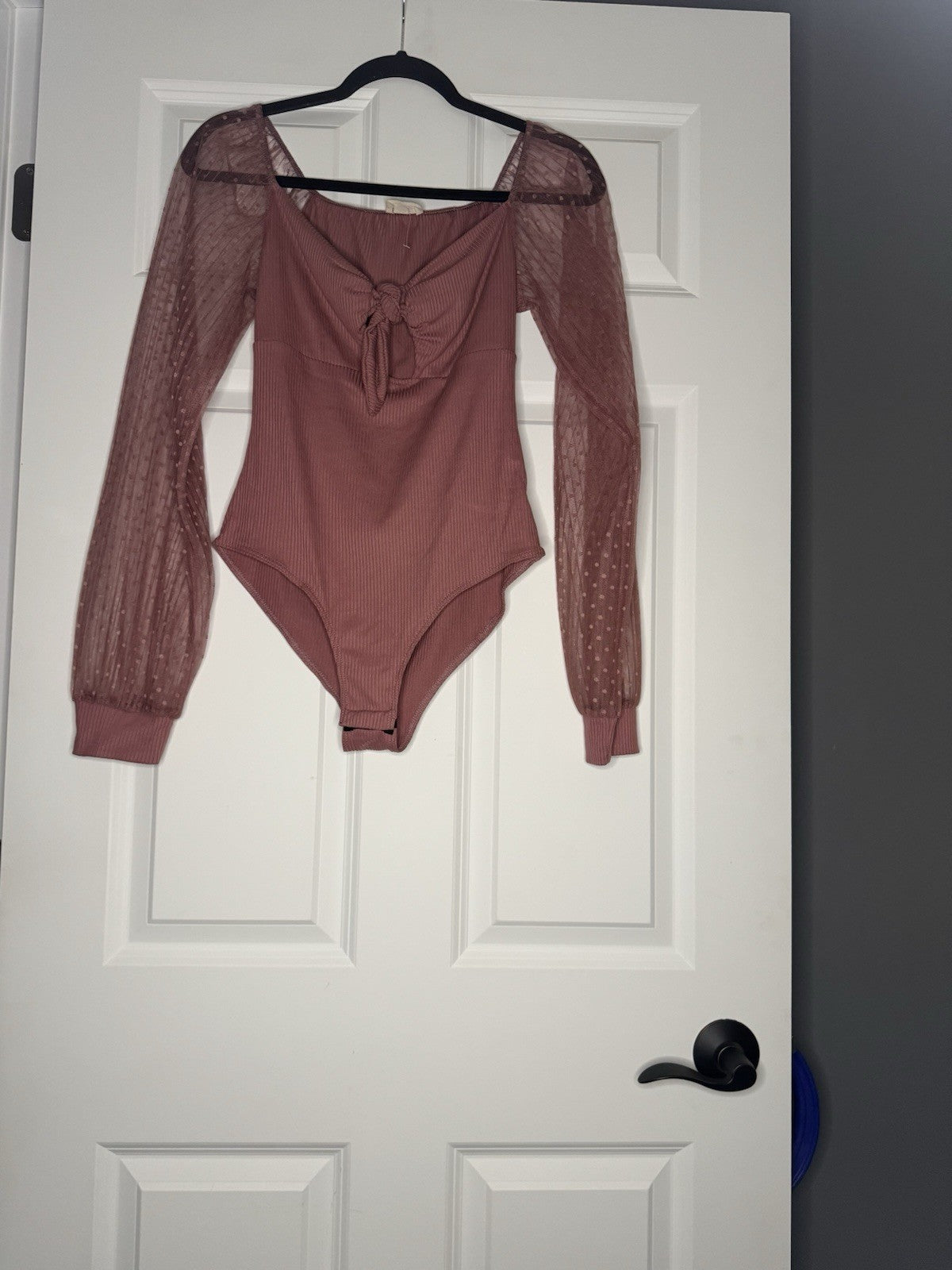 Peach Love Long Sleeve Bodysuit Medium Mauve Ribbed W Mesh Polka Dot Sleeves