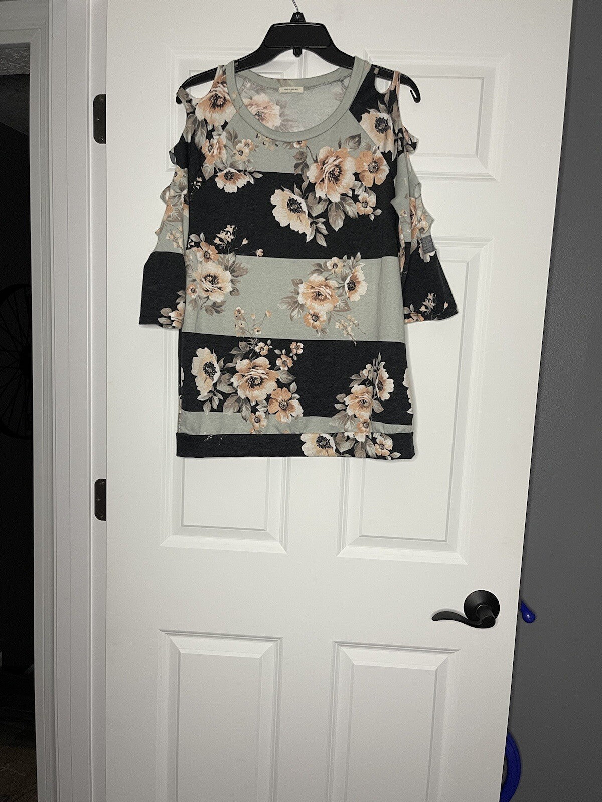 12pm by mon ami long sleeve blouse with slashed sleeves gray bue peach taupe flo