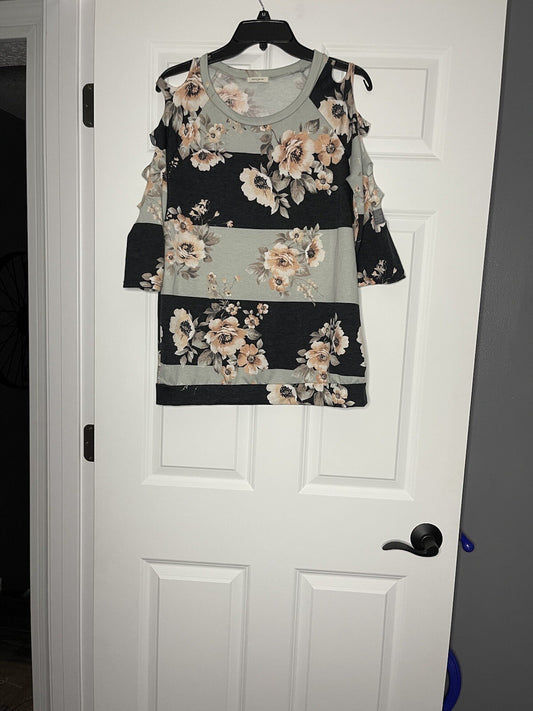 12pm by mon ami long sleeve blouse with slashed sleeves gray bue peach taupe flo