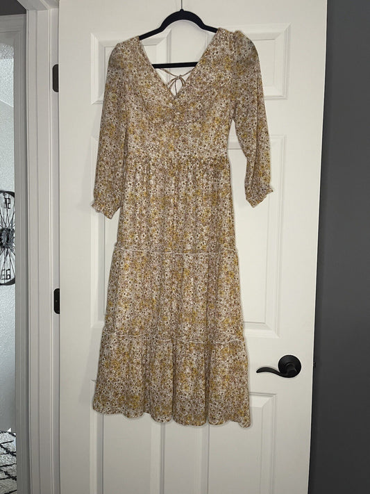 Sincerely Jules Dress Small Cream Yellow Mauve Brown Floral