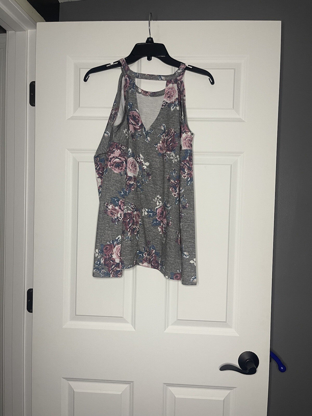 Pink Rose long sleeve blouse with cut out shoulders medium gray w multi floral 