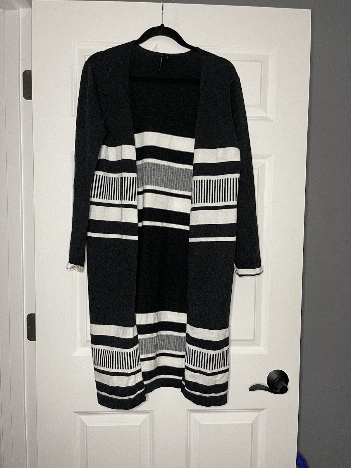 Allie and Rob cardigan medium charcoal white stripe