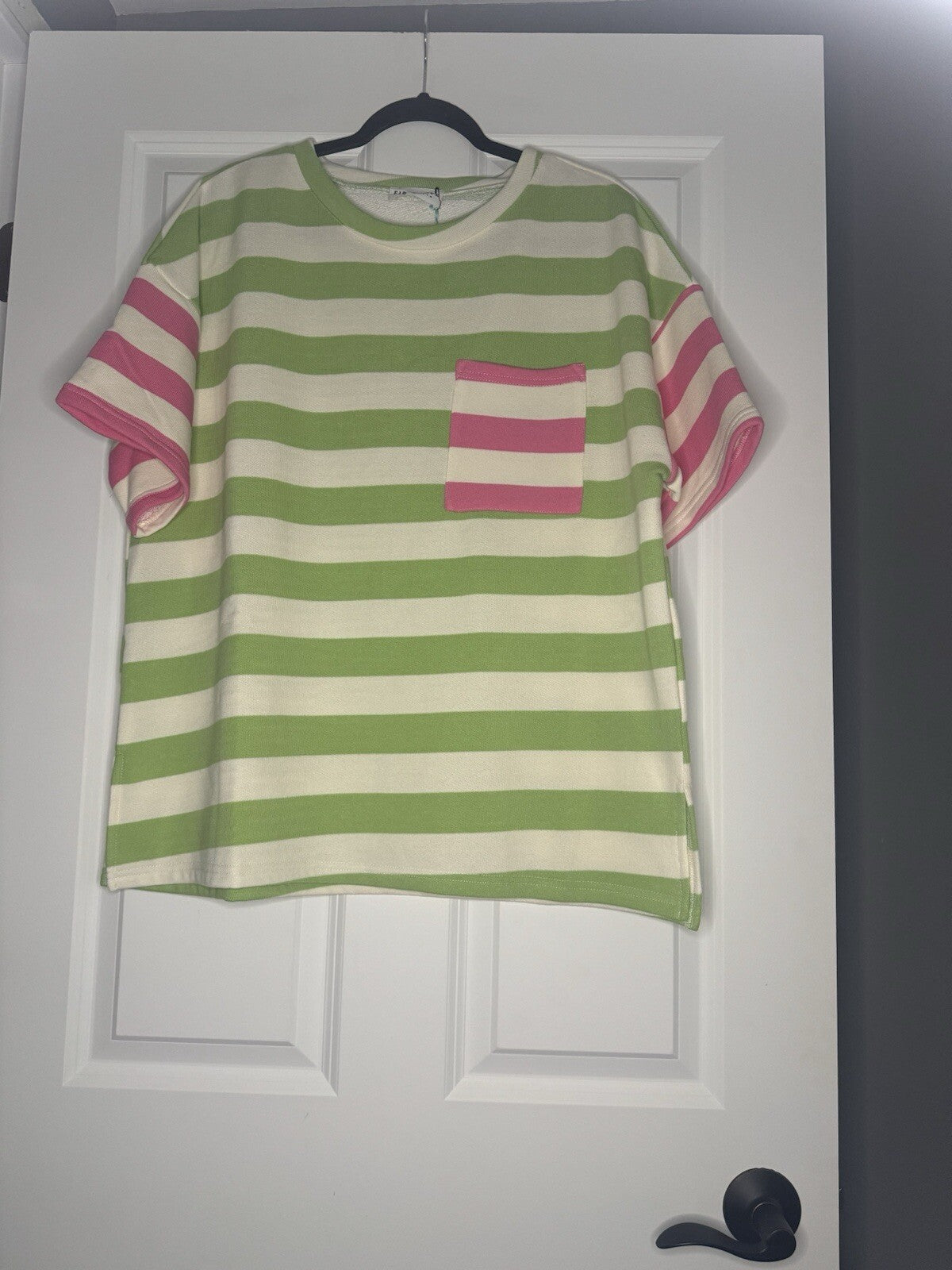 First Love Short Sleeve Sweater Medium Green Cream Pink Stripe Side Slits Nwt 56