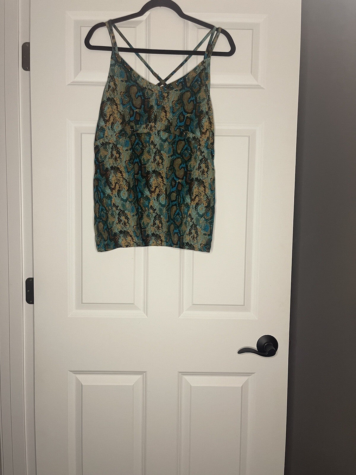 Rock And Roll Denim Sleeveless Blouse Teal Brown Tan W Beading Large Nwt 