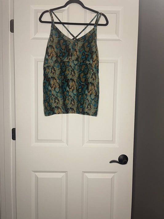 Rock And Roll Denim Sleeveless Blouse Teal Brown Tan W Beading Large Nwt 