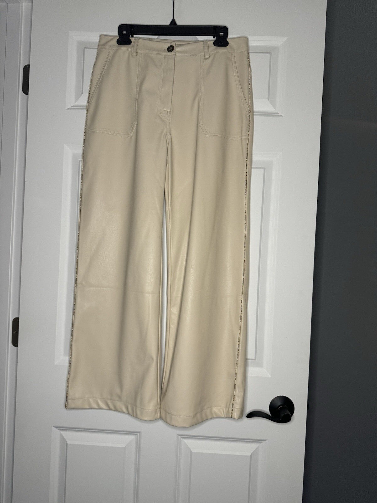 Mystree Pleather Pants Large Cream W Floral Trim Down Side Seams Nwt 68