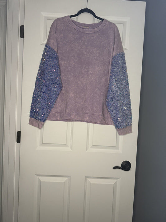 Bibi Crew Sweatshirt Xl Purple Acid Wash With Sequins Sleeves 