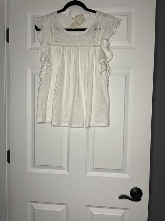 Hem And Thread Short Sleeve Blouse Medium White W Floral Crochet Nwt 