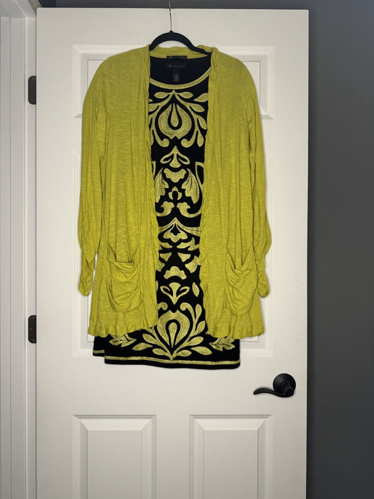 International Concepts 2 Piece Dress And Cardigan Medium Black Green Floral 