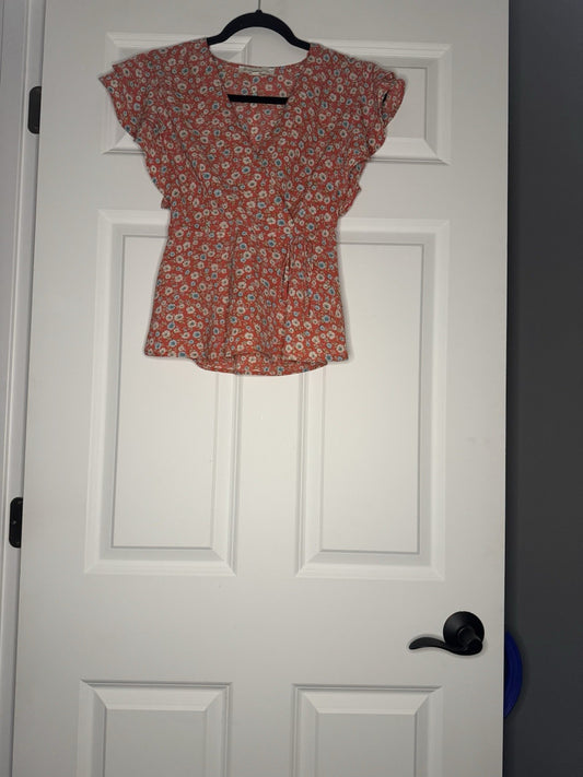 Monteau Short Sleeve Top Small Reddish Orange Blue Yellow White Floral