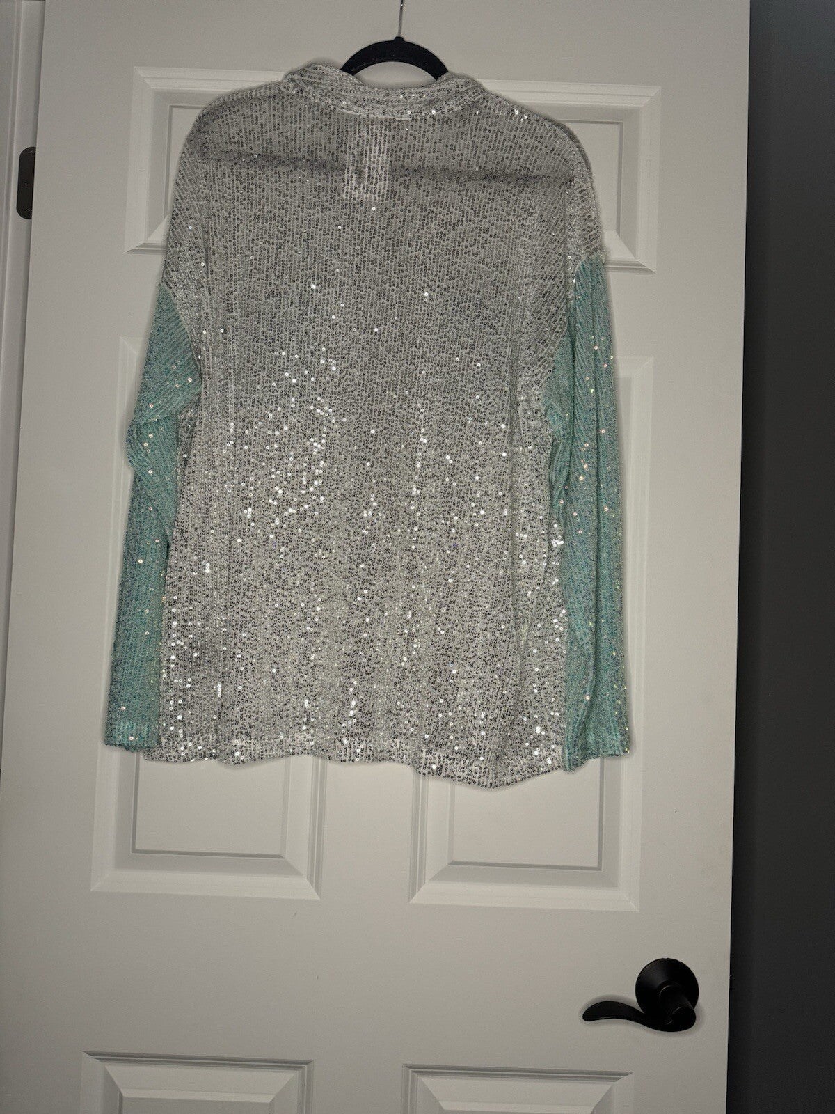 Pol Button Up Sequins Blouse Large Silver Blue Sleeves Pockets Nwt 62