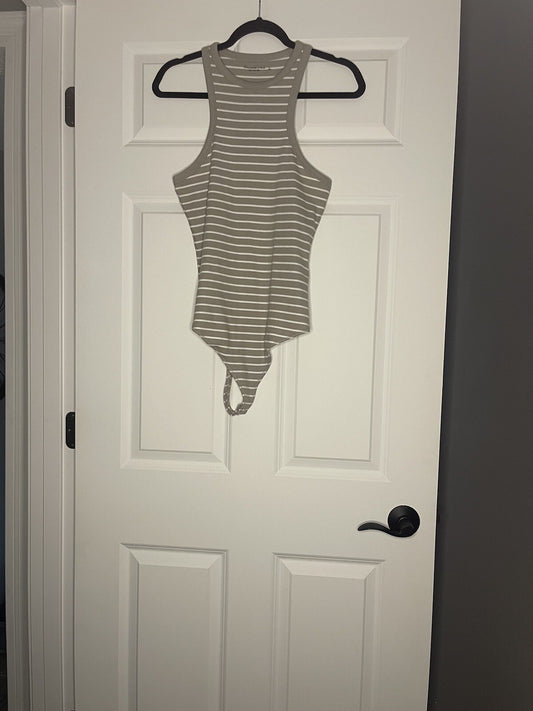 Abercrombie Soft A & F Ribbed Bodysuit Sleeveless Large Taupe White Stripe