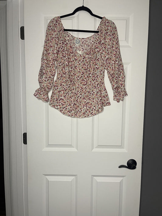 Blue rain long sleeve blouse Large white with pink and green floral NWT