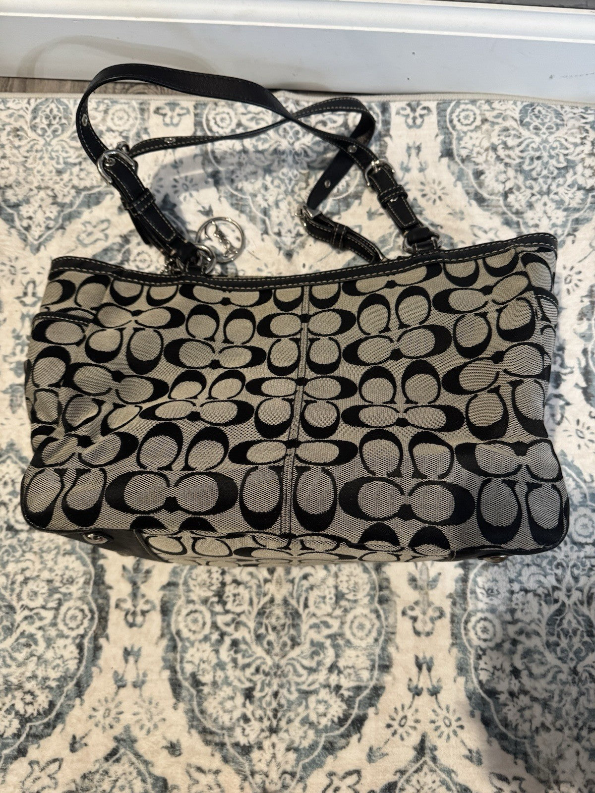 Coach Purse Black Beige Logo In Excellent Condition Additional Strap Dust Cover