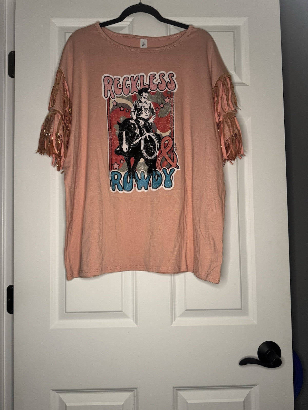 Lucky And Blessed 2xl Short Sleeve Top Reckless And Rowdy W Fringe Pink Multicol