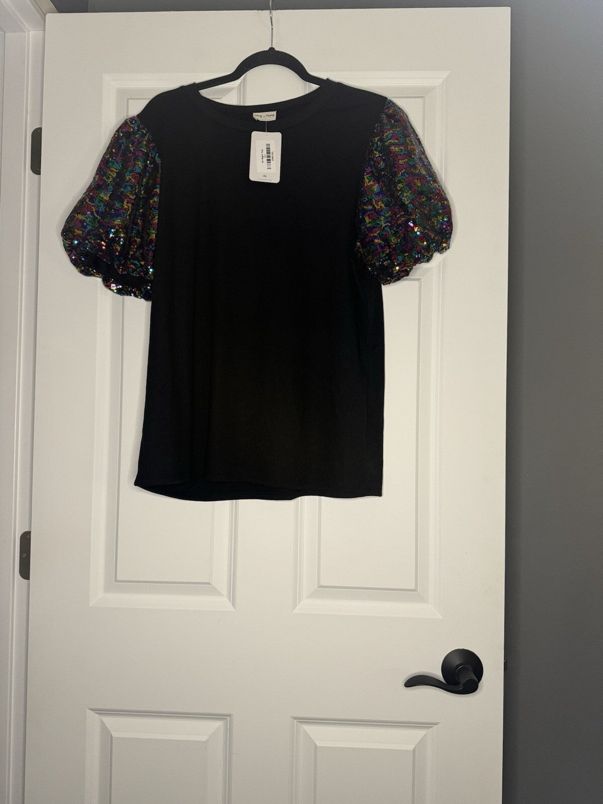 Lovely Melody All Night Short Sleeve Blouse 2xl Black Ribbed W Sequin Nwt 44