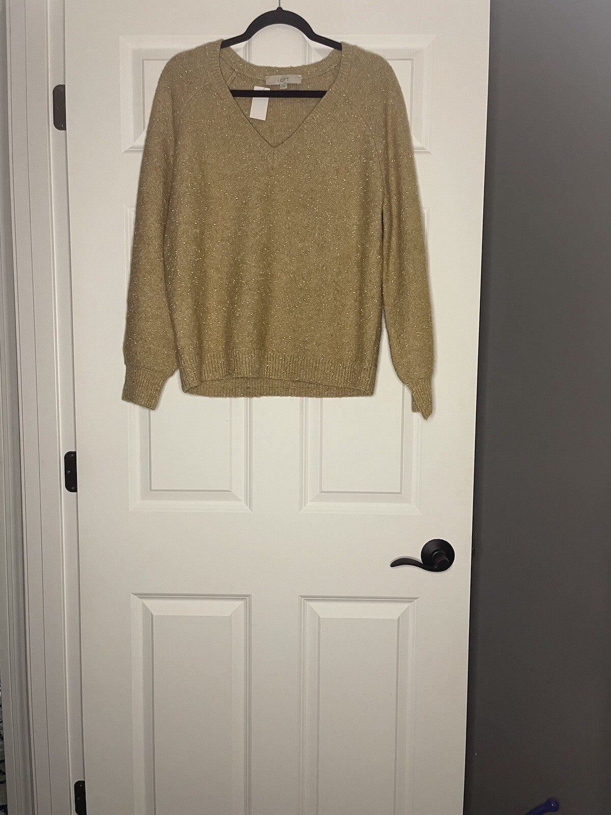 Loft V Neck Sweater Large Tan With Gold Stitching New With Tags Msrp 49.99